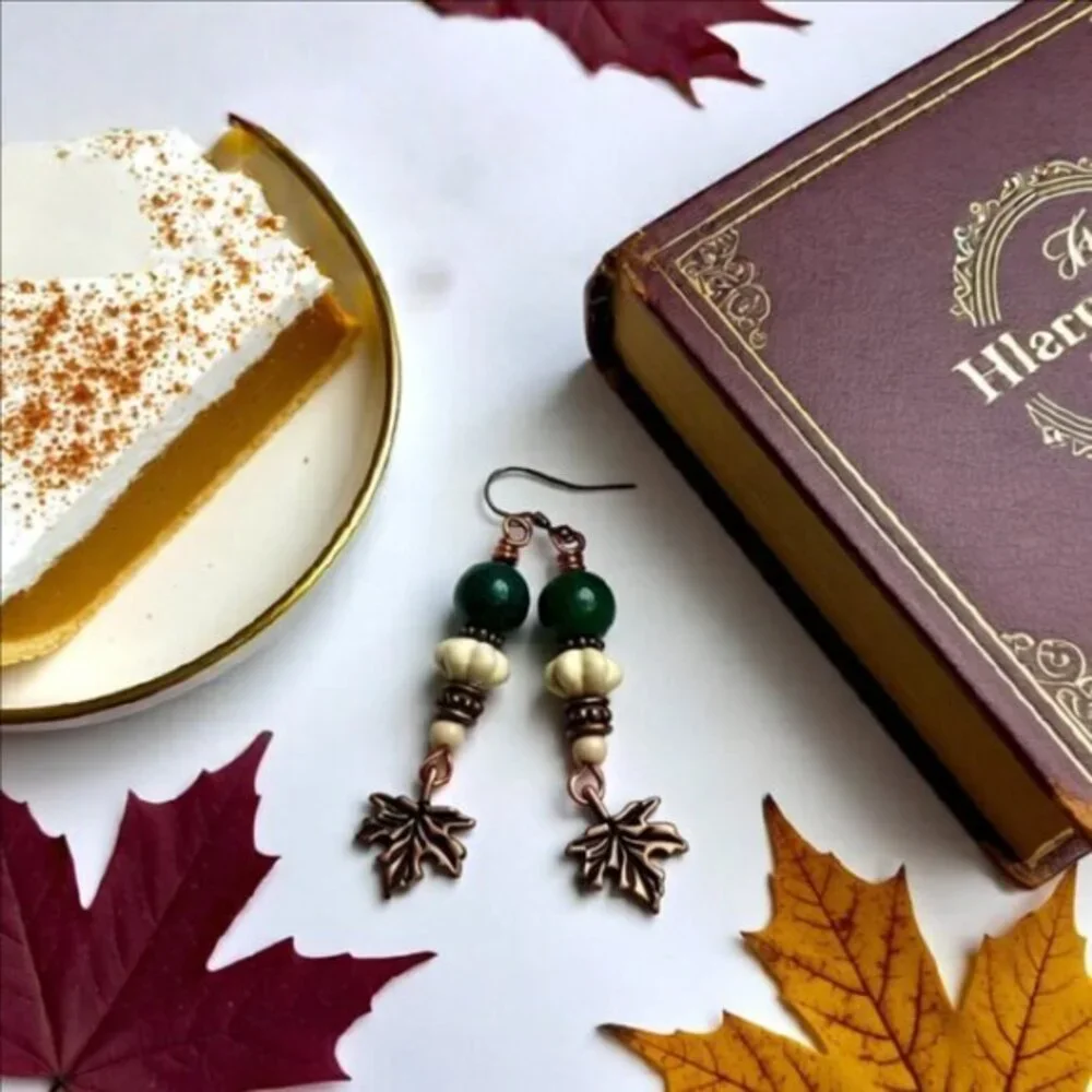 Copper Maple Leaf + Stone Beads Dangle Earrings | Fall Countrycore Cabincore - Picture 3 of 12